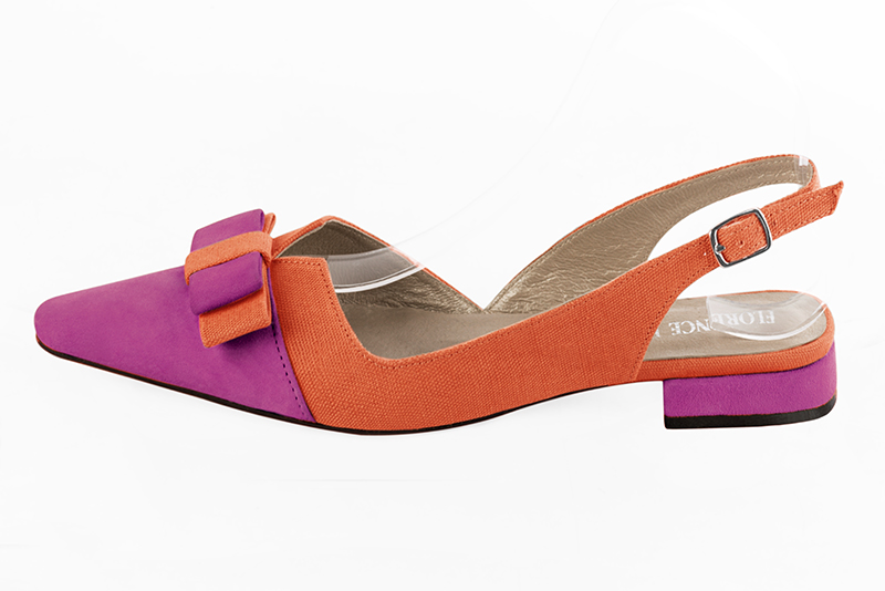 Shocking pink and clementine orange women's open back shoes, with a knot. Tapered toe. Flat block heels. Profile view - Florence KOOIJMAN